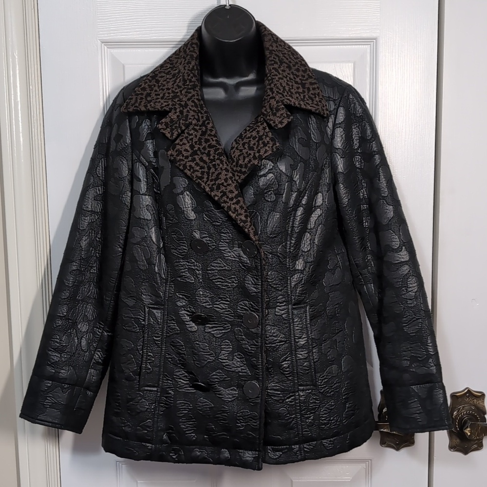 SPANNER Faux Leather Wool Trim Animal Print Jacket Size Medium